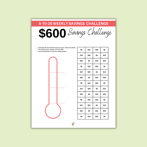 5-10-20 Weekly Savings Printable (Save $600 In One Year)