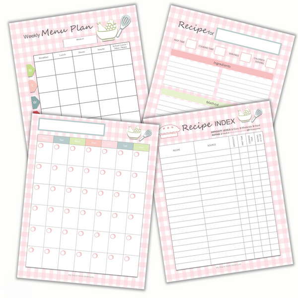 Weekly meal planning sheets with recipe index and recipe card